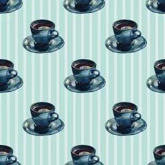 Store enrouleur occultant sans perçage Rayures verticales Motif aquarelle transparente de tasses à café bleu sarcelle foncé sur un fond bleu sarcelle clair avec des rayures verticales blanches.