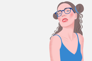 Portrait of a girl with hairstyle, eyeglasses and wearing blue tank top. Young beautiful woman with makeup, red lips and long hair on white background. Modern flat vector illustration. Copy space.