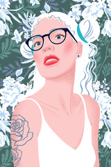 Portrait of a blonde girl with hairstyle, eyeglasses and tank top. Young beautiful woman with makeup, red lips, long hair on floral background. Tattoo on shoulder. Modern flat vector illustration.