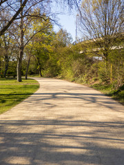Fototapeta na wymiar Leerer Gehweg im Park im Frühling von Corona