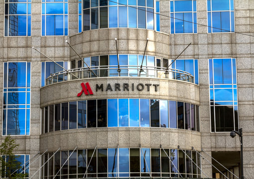 ROTTERDAM, NETHERLANDS : Sign Marriott on the hotel. Marriott International, Inc. is an American diversified hospitality company that manages and franchises hotels.