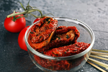 Sun dried tomatoes. tomato halves sun-dried. Antipasti snack