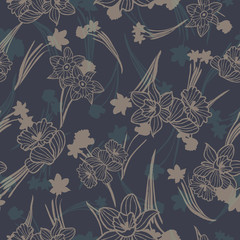 Vector seamless pattern of hand drawn daffodils with greenish beige motifs on dark navy blue background. Perfect for fabric, wallpapers, wedding design, packaging, scrapbooking, background.