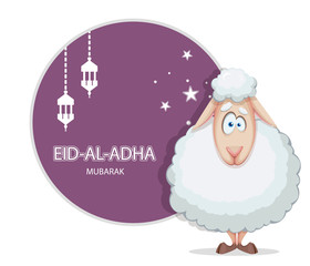 Naklejka premium Eid al-Adha Mubarak. Funny cartoon ram.