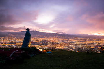 Sunrise looking over the lights of San Jose city in Costa Rica