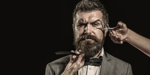 Vintage barbershop, shaving. Bearded man, bearded male. Portrait beard man. Barber scissors and...