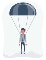 Young Businessman Landing on Ground with Parachute. Business Risk Achievement Targeting Concept. Cartoon Flat Vector Illustration
