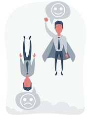 Businessman superhero flies up and leaves others down. Super worker in the cloak takes off. Vector flat design illustration.