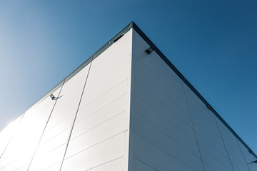  Basic Minimal Shape Abstract Exterior Warehouse or Construction Element Concept, Blue Sky and Cloud in Background with Copy Space