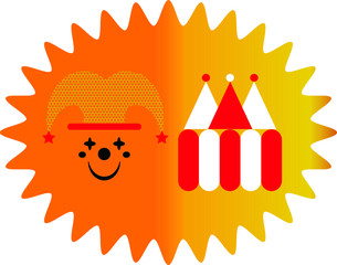 Happy Circus day. Tent and clown with smile face. Vector colorful logo.