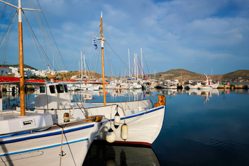 Fishing boats in port of Naousa on sunrise. Paros lsland, Greece