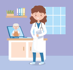 female physician and old patient in laptop consultation online, doctors and elderly people