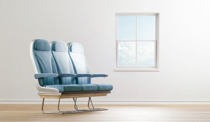 Airplane seats in a living room with white window. Travel at home. Concept of Stay home. Creative 3d render illustration