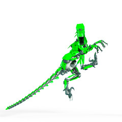 dino raptor robot is jumping on side view