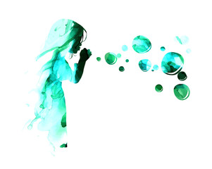 Fototapeta premium Silhouette of a girl blowing soap bubbles. mixed media. Blot abstraction. Vector illustration