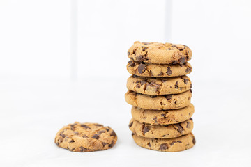 Stacked choco biscuits on the grey marble table