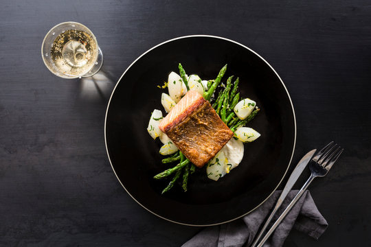 Seared Salmon with asparagus and turnips