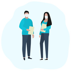 Man and woman with documents in medical masks. Fashion trendy illustration, flat design. Pandemic and epidemic of coronavirus in the world