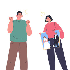 Conflict between woman and man.Quarrel of young male and female.Relationship crisis.Angry couple wants to divorce.Flat cartoon characters isolated on white background.Colorful vector illustration.