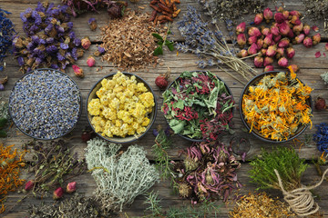 Bowls of dry medicinal herbs - lavender, coneflower, marigold, rose, Helichrysum, healthy moss and...