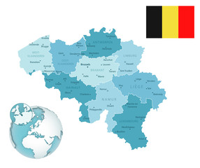Belgium administrative blue-green map with country flag and location on a globe.