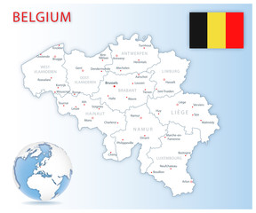 Obraz premium Detailed Belgium administrative map with country flag and location on a blue globe.