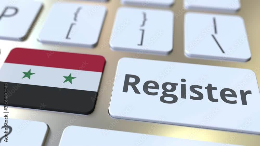 Poster register text and flag of syria on the keyboard. online services related 3d animation
