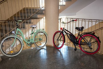 The bike stands in the apartment. Made weekend walks for two