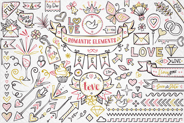 Wedding elements set with birds, arrows, hearts, rings, ribbons, branches, banners and many other decorations. Best for invitations, decorations design and many more