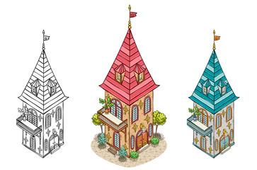 Naklejka premium Isometry hand drawn building. Colored houses set. Living cottage