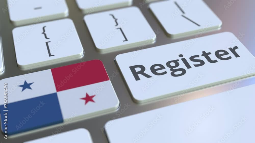 Poster register text and flag of panama on the keyboard. online services related 3d animation