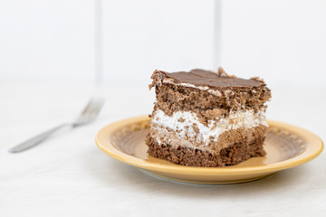 Served chocolate cake on the plate with copy space