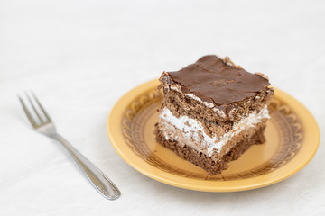 Served chocolate cake on the plate with copy space