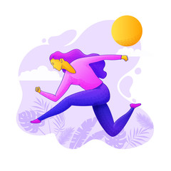 Vector illustration of a woman running outdoors on background landscape.