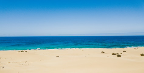 Aerial view of beautiful tropical beach and blue ocean landscape - heaven resort paradise concept for great sumer holiday vacation - tourism destination fuerteventura in spain canary islands