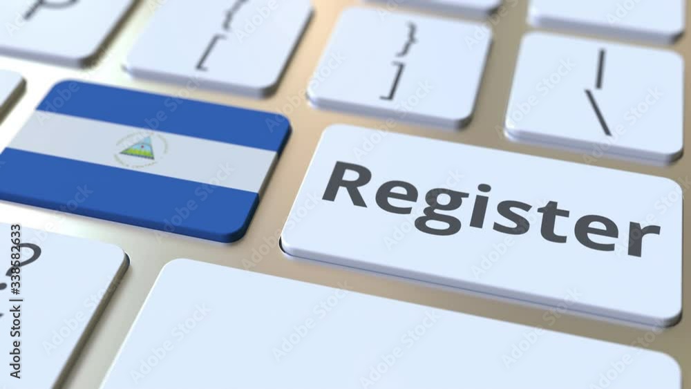 Poster register text and flag of nicaragua on the keyboard. online services related 3d animation