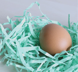 One brown egg lies in green paper, tinsel, illuminated by light. Bright Easter holiday, cooking,...