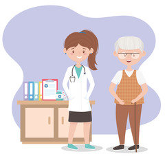 female physician and grandpa with medicine and