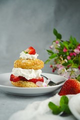 Homemade Strawberry shortcake with stuffed cream topping, selective focus