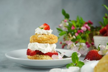 Homemade Strawberry shortcake with stuffed cream topping, selective focus