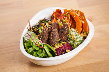 Vegetable poke bowl. Organic dish for health living. Food photography concept for takeaway. Homemade vegan salad.