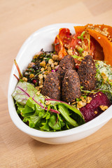 Vegetable poke bowl. Organic dish for health living. Food photography concept for takeaway. Homemade vegan salad.