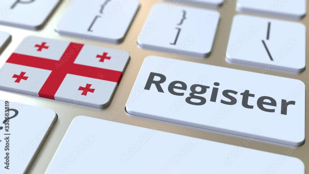 Poster register text and flag of georgia on the keyboard. online services related 3d animation