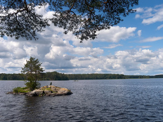 Summer. Lake. A small stone island protrudes from the water. The crown of trees is visible from above. In the distance we observe the shore of the lake and a beautiful blue sky with fluffy clouds.