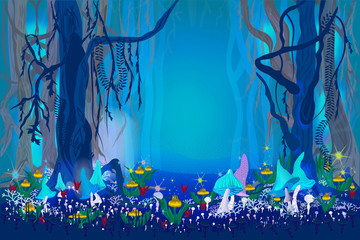 Fantastic mysterious forest. Magic mushrooms and magic flowers and lights. Fairy-tale background. Video Game's Digital CG Artwork, Concept Illustration, Realistic Cartoon Style.