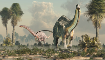 Two apatosauruses, sauropod dinosaurs that lived in during the Late Jurassic Period in what is now North America, wander a prehistoric wetland. 3D Rendering