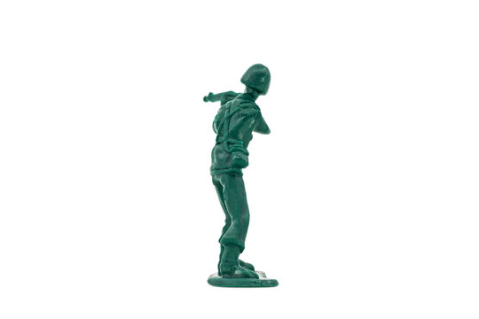 Green toy soldiers on white background. Soldier three on six models. (3/6) Picture three on sixteen viewing angles. (03/16)