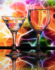 Wine glass with stunning background color patterns and reflections