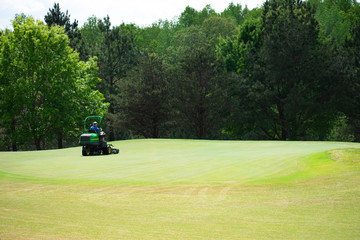 A lawn mower maintaining a green on a golf course