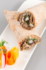 Delicious organic chicken shawarma for healthy living. Fresh homemade food Photogrphy perfect for takeaway and delivery concept.